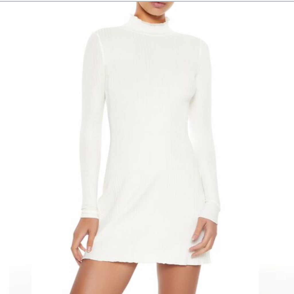 Forever 21 Cream Ribbed Long Sleeve Mock Neck Mini Dress